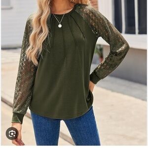 Boho Blouse Pleated Bodice Delicate Olive Crew Neck Lace long sleeves New w/ tag